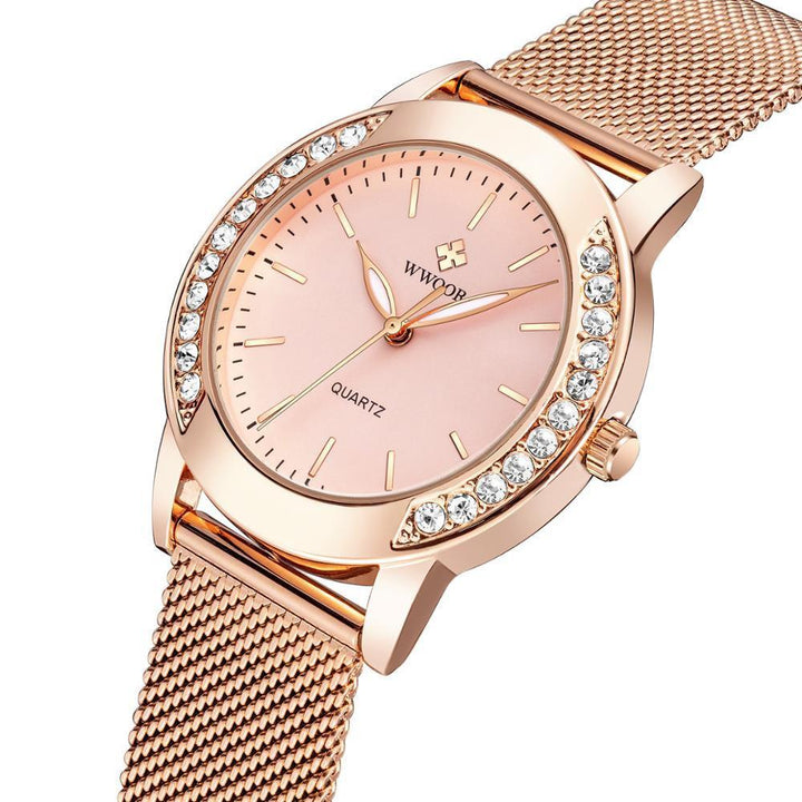 Watch - Rhinestone Embellished With Rose Gold Steel Mesh Quartz Watch