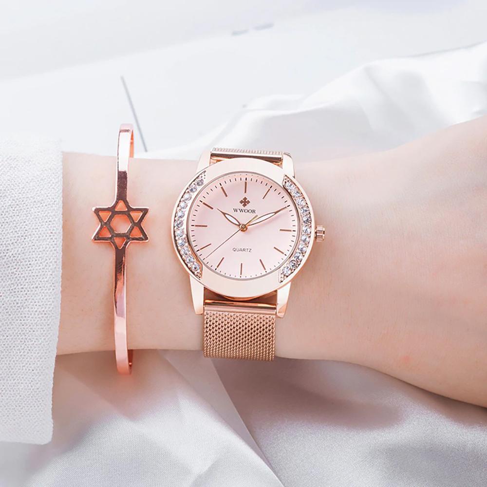 Watch - Rhinestone Embellished With Rose Gold Steel Mesh Quartz Watch