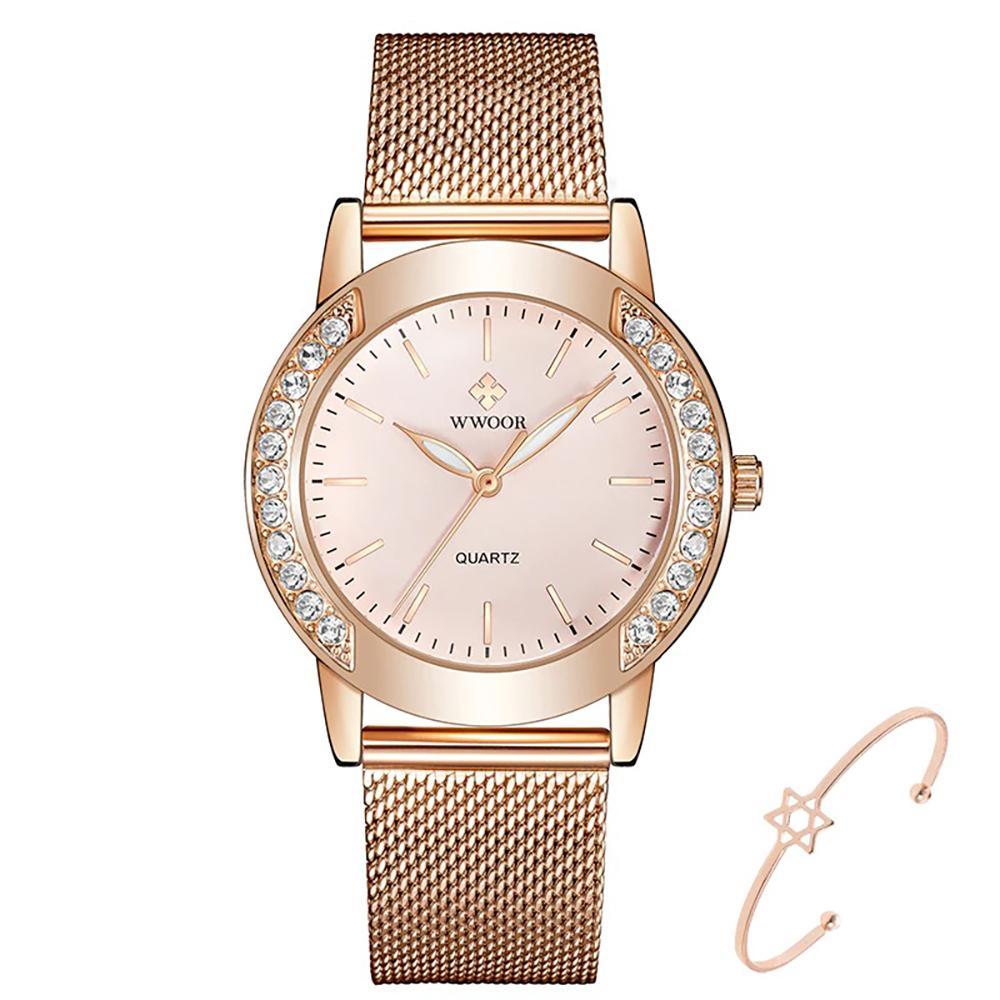 Watch - Rhinestone Embellished With Rose Gold Steel Mesh Quartz Watch