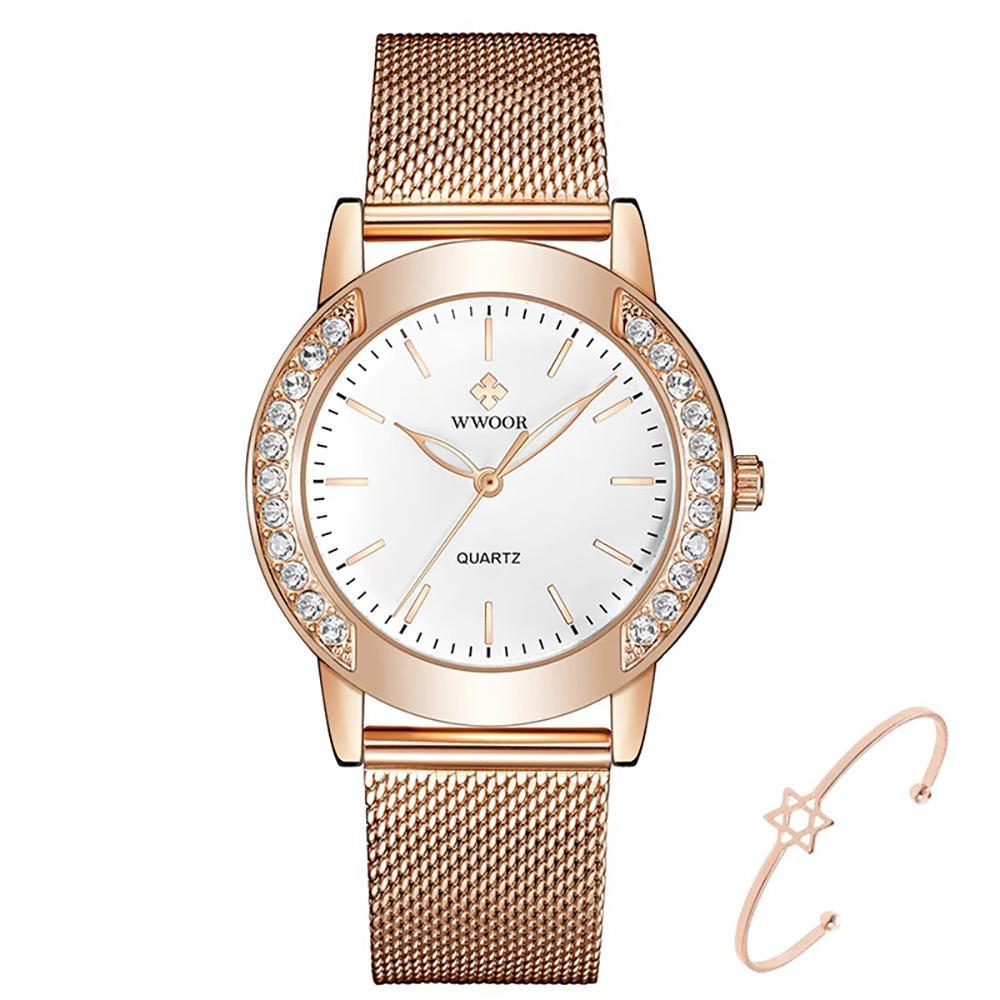 Watch - Rhinestone Embellished With Rose Gold Steel Mesh Quartz Watch