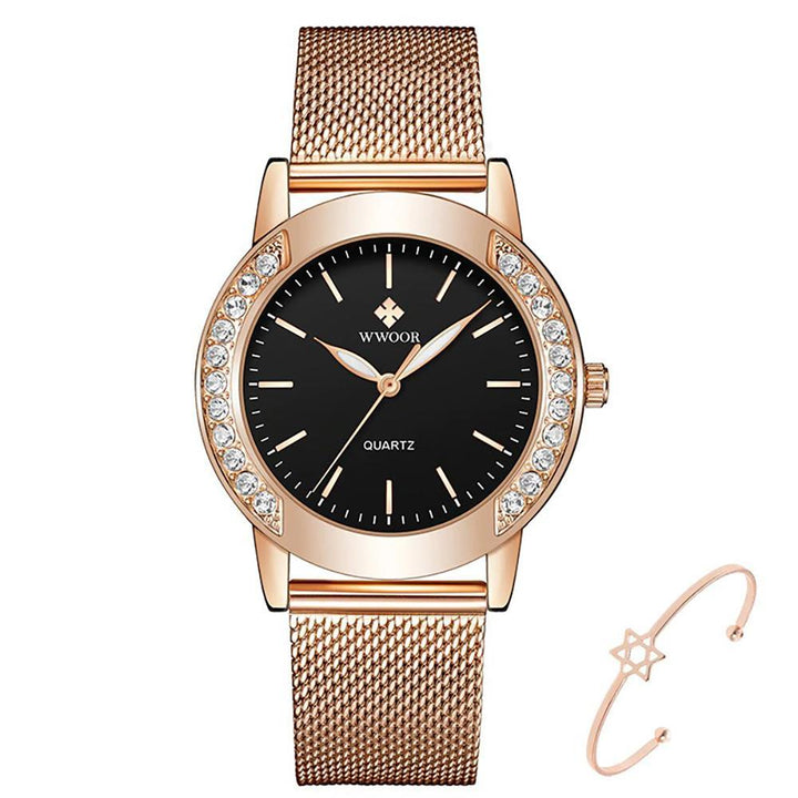 Watch - Rhinestone Embellished With Rose Gold Steel Mesh Quartz Watch