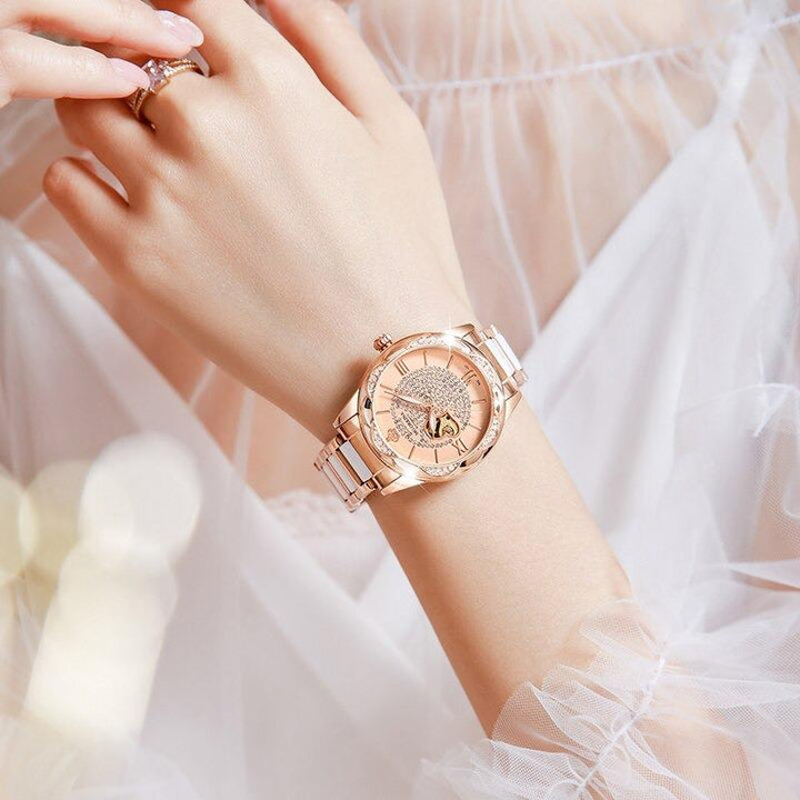 Watch - Romantic Rhinestone Heart Accent Mechanical Watch