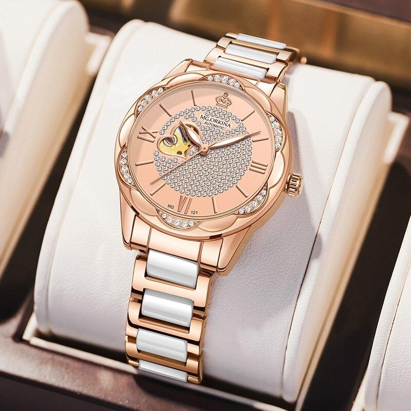 Watch - Romantic Rhinestone Heart Accent Mechanical Watch