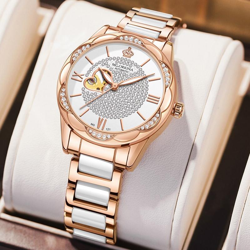 Watch - Romantic Rhinestone Heart Accent Mechanical Watch