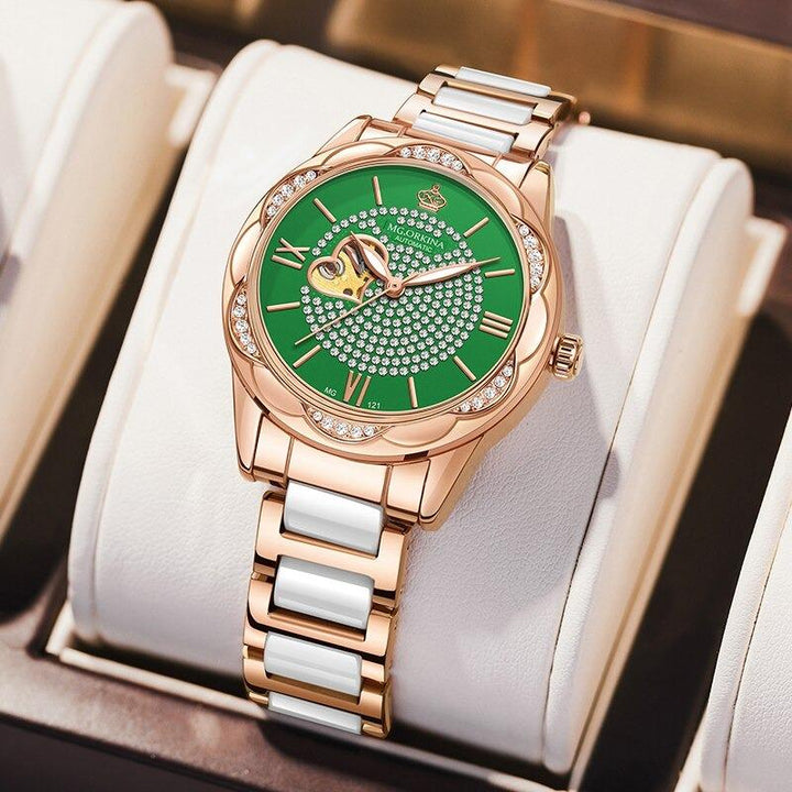 Watch - Romantic Rhinestone Heart Accent Mechanical Watch