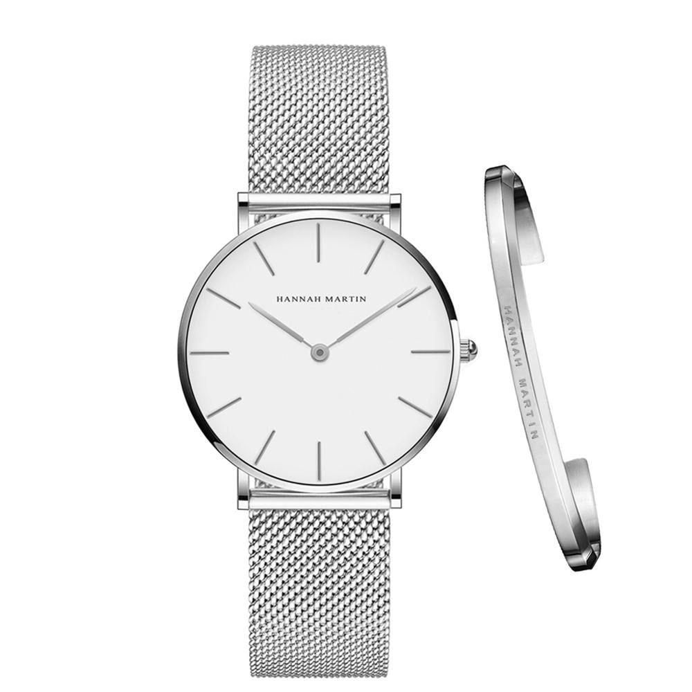 Watch - Stainless Steel Mesh Band Quartz Wristwatch And Bangle Set