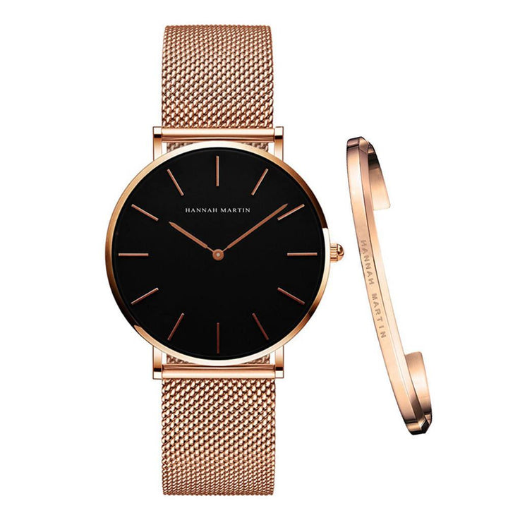 Watch - Stainless Steel Mesh Band Quartz Wristwatch And Bangle Set