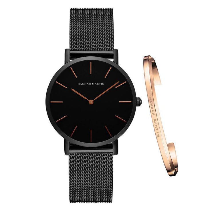 Watch - Stainless Steel Mesh Band Quartz Wristwatch And Bangle Set