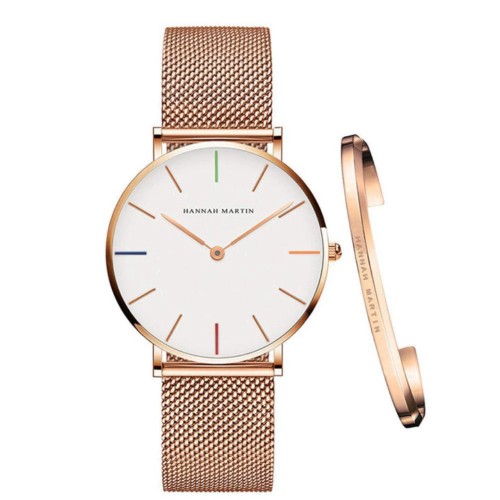 Watch - Stainless Steel Mesh Band Quartz Wristwatch And Bangle Set