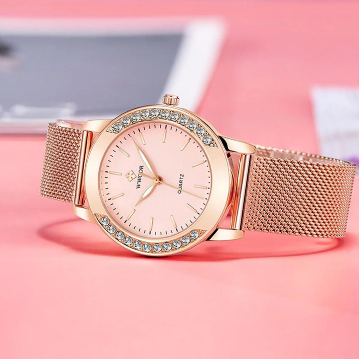 Watch - Stylish Rhinestone With Rose Gold Steel Mesh Quartz Watch