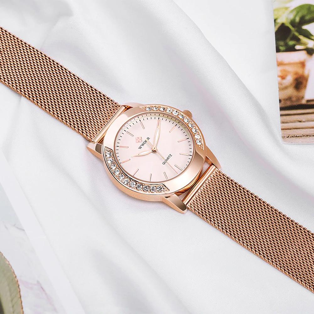 Watch - Stylish Rhinestone With Rose Gold Steel Mesh Quartz Watch