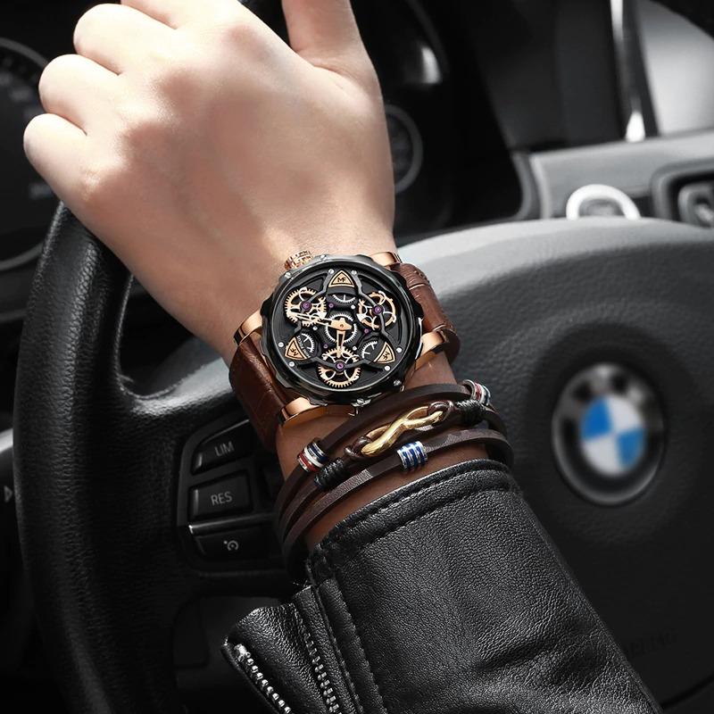 Watch - Top Class Rotating Wheel Dial Leather Strap Quartz Watch