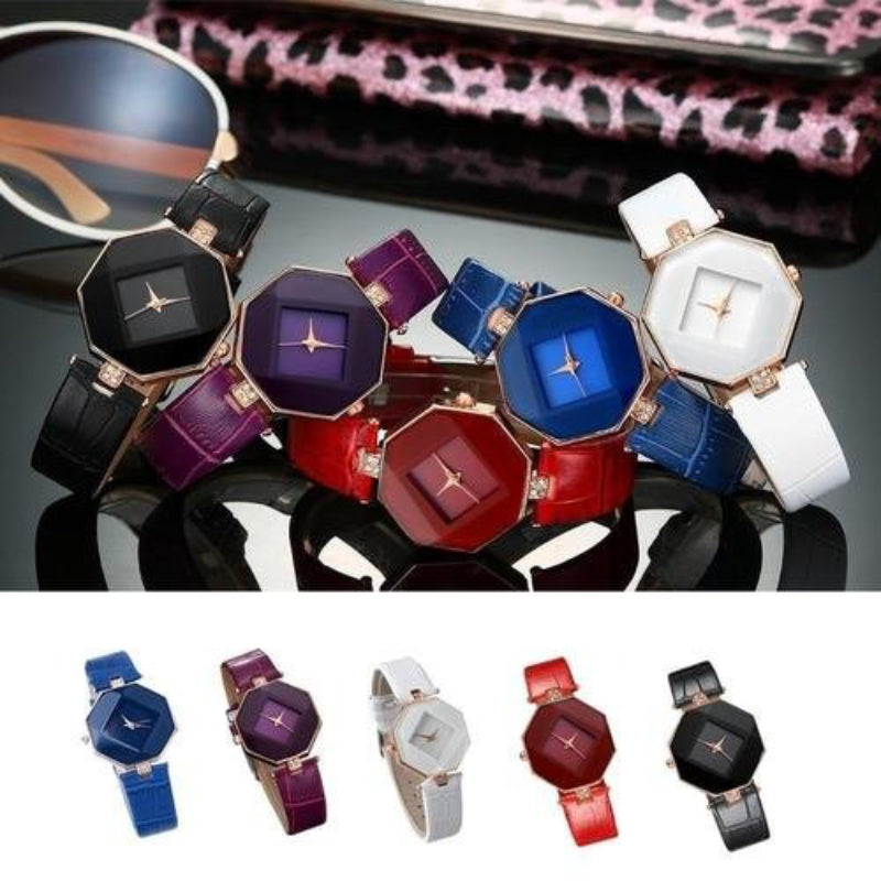 Stylish Geometric Case Shape with Vegan Leather Strap Quartz Watches