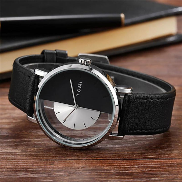 Watches - Creative Half Transparent Glass Stainless Steel Leather Strap Quartz Watches