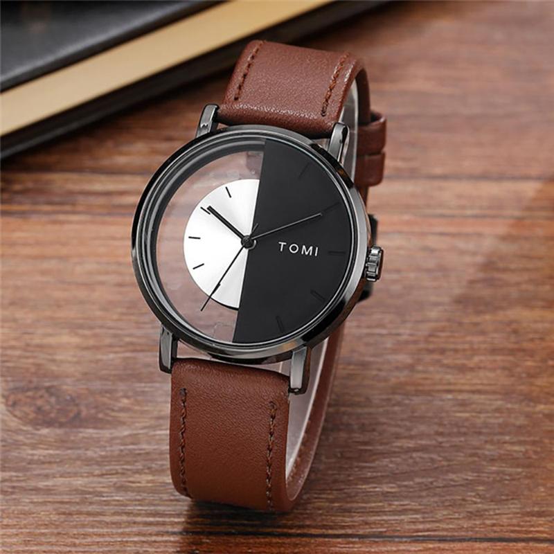 Watches - Creative Half Transparent Glass Stainless Steel Leather Strap Quartz Watches