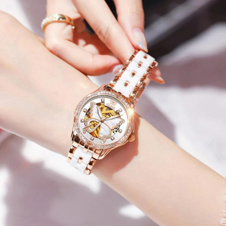 Dazzling Rhinestone Adorned Butterfly Dial with Leisure Ceramic Bracelet Watches