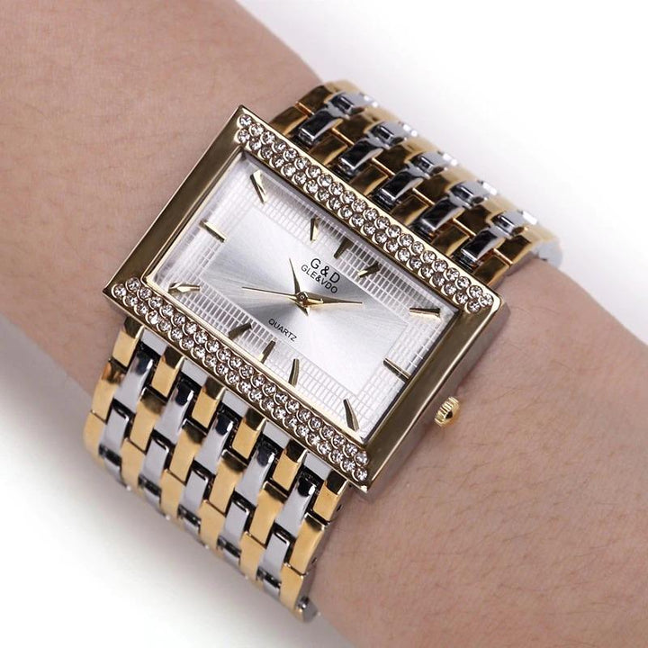 Watches - Full Stainless Steel Rectangle Case With Rhinestone Accent Quartz Watch