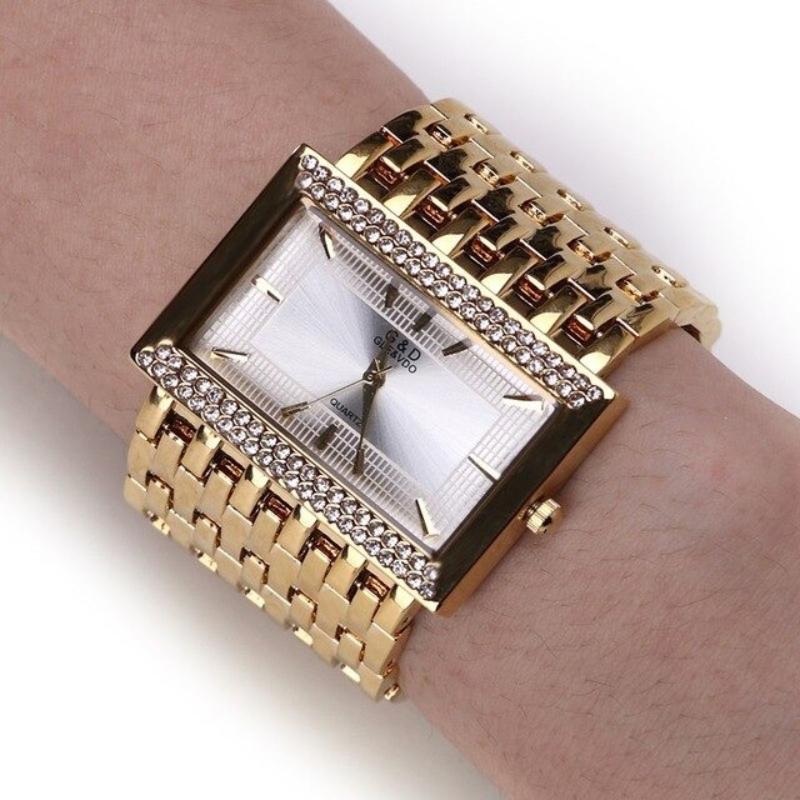 Watches - Full Stainless Steel Rectangle Case With Rhinestone Accent Quartz Watch