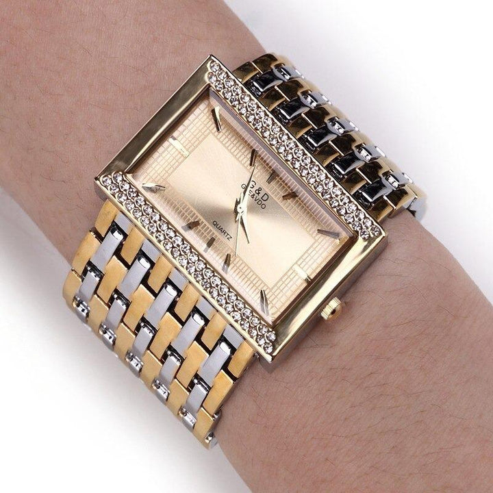 Watches - Full Stainless Steel Rectangle Case With Rhinestone Accent Quartz Watch