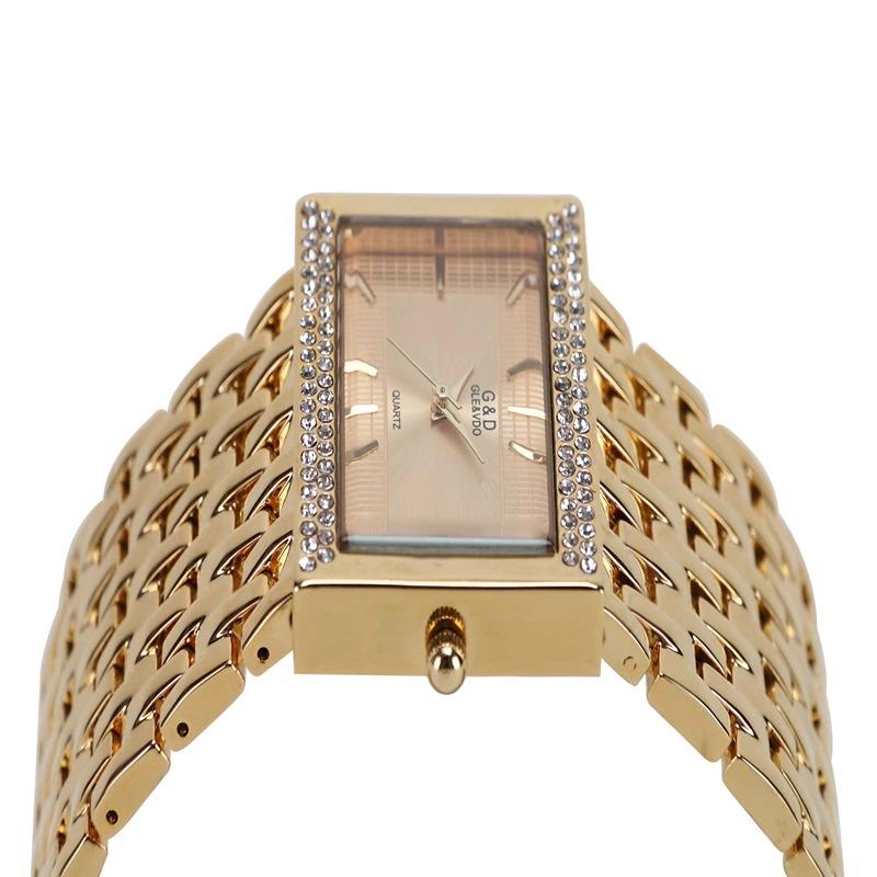 Watches - Full Stainless Steel Rectangle Case With Rhinestone Accent Quartz Watch