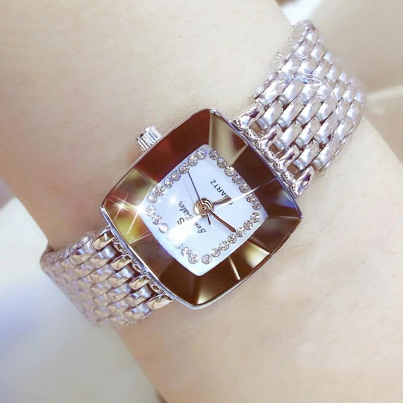 Watches - Lavish Rhinestone Adorned Square And Round Case Quartz Watch