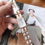 Watches - Luxurious Rhinestone Embellished Leather Chain Quartz Wristwatch