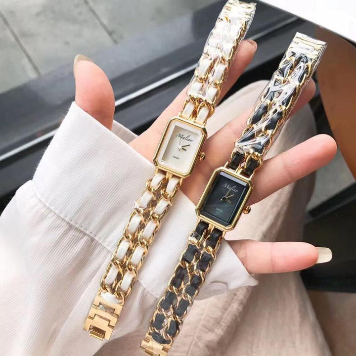 Watches - Luxurious Rhinestone Embellished Leather Chain Quartz Wristwatch