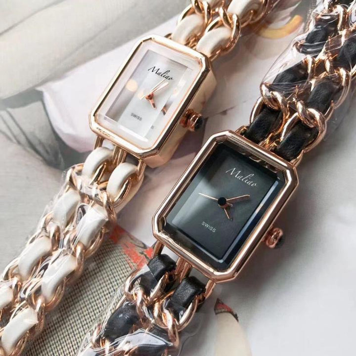 Watches - Luxurious Rhinestone Embellished Leather Chain Quartz Wristwatch