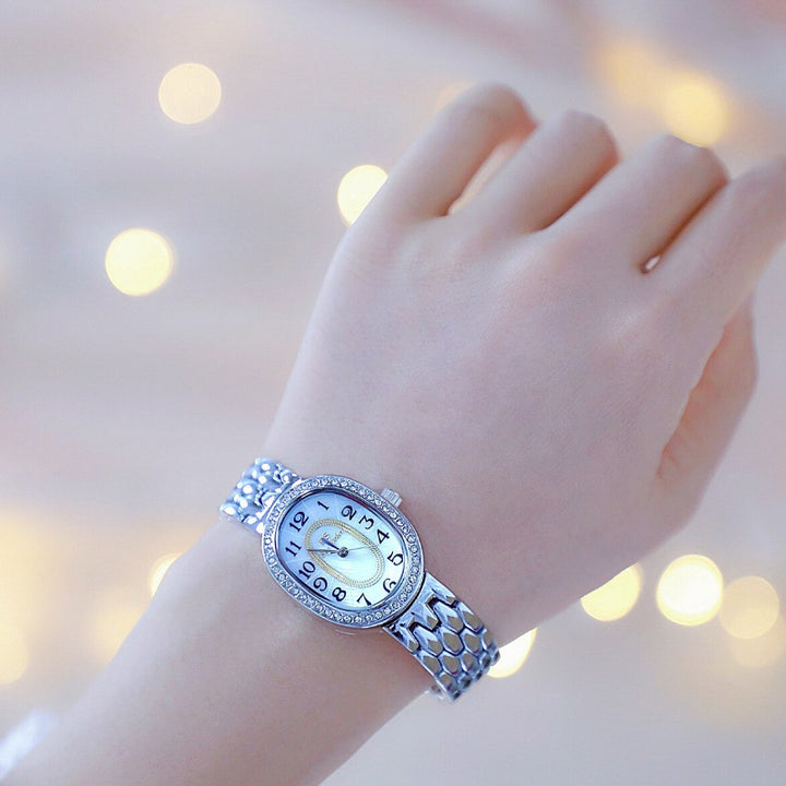 Rhinestone Emblazed Small Oval-Shaped Dial Quartz Watches