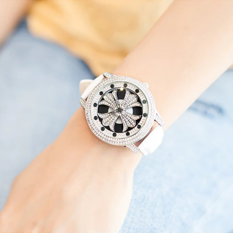 Dazzling Interstellar Rhinestone Bejeweled with Soft Vegan Leather Strap Quartz Watches