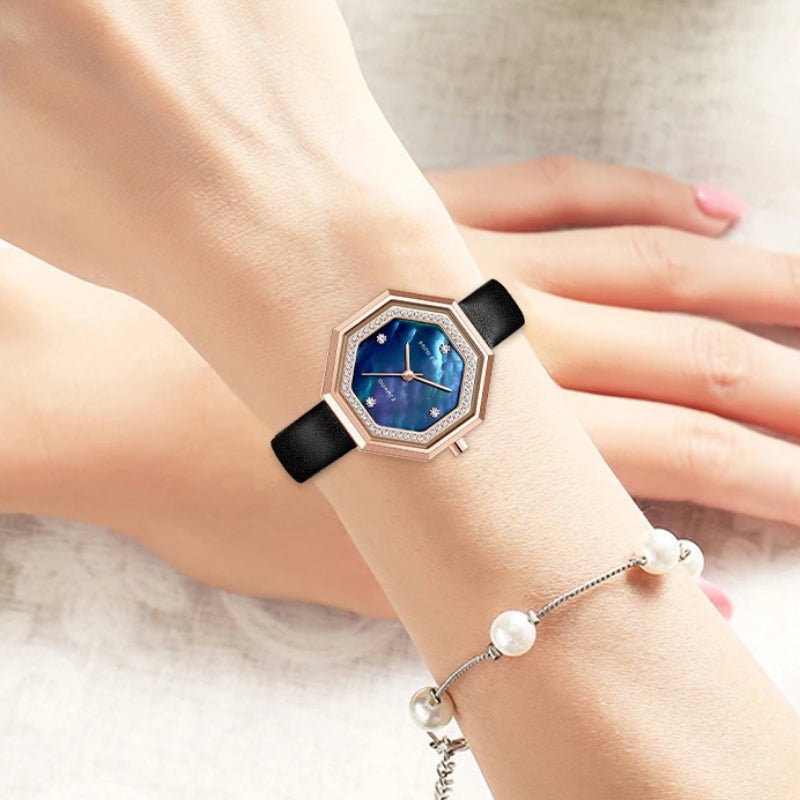 Captivating Geometric Style Octagon Rhinestone Dial with Vegan Leather Strap Quartz Watches