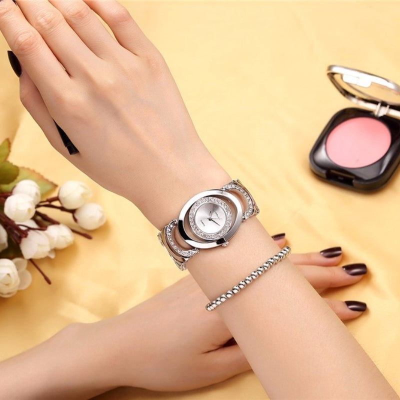 Elegant Round Case Rhinestone Bejeweled Bracelet Quartz Watches