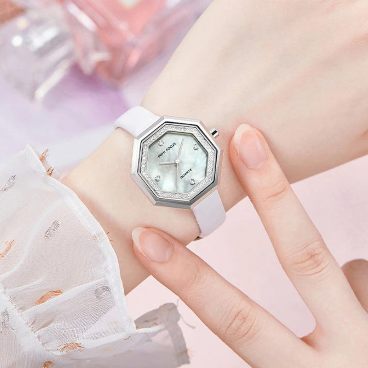 Captivating Geometric Style Octagon Rhinestone Dial with Vegan Leather Strap Quartz Watches