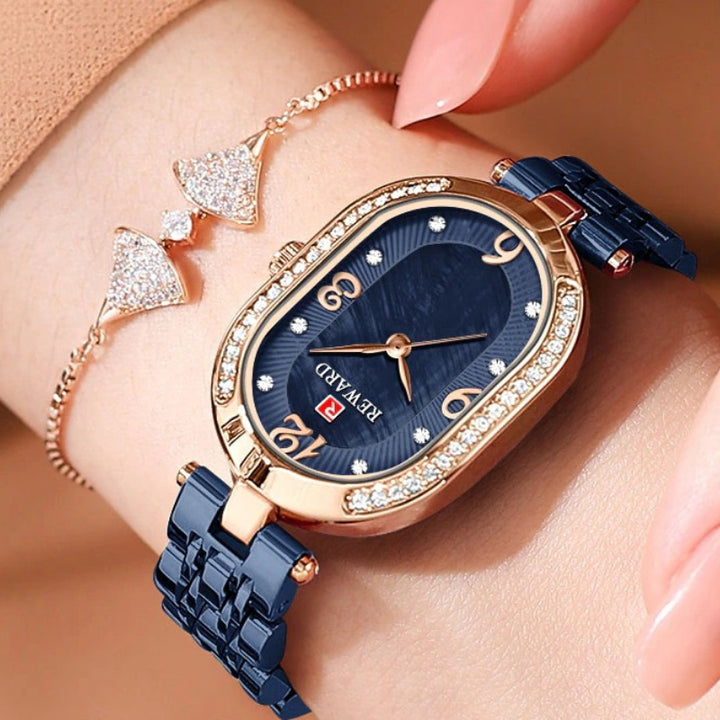 Alluring Rhinestone Bejeweled Oval Shape Case Steel Band Quartz Watches