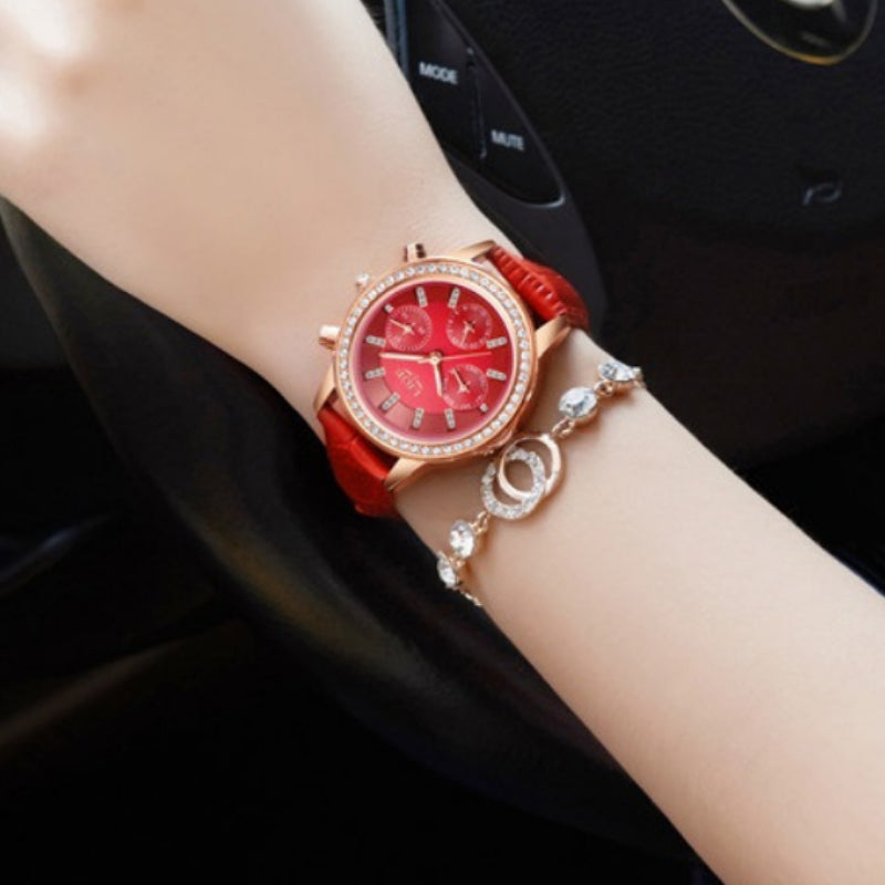 Sparkling Rhinestone Accent Luminous Vegan Leather Strap Quartz Watches