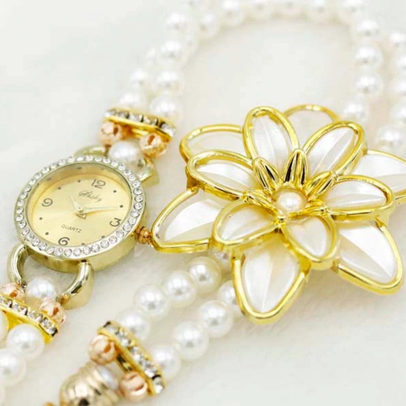 Rhinestone Flower Petals Embellished Pearl Strap Bracelet Watches