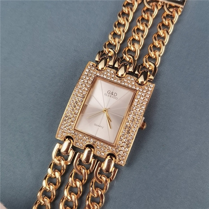 Rhinestone Encrusted Multi-layer Chain Strap Quartz Watches with Bracelet Gift Set