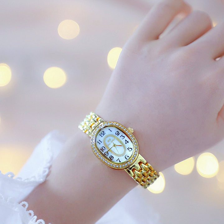 Rhinestone Emblazed Small Oval-Shaped Dial Quartz Watches