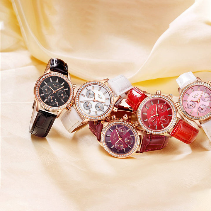 Sparkling Rhinestone Accent Luminous Vegan Leather Strap Quartz Watches