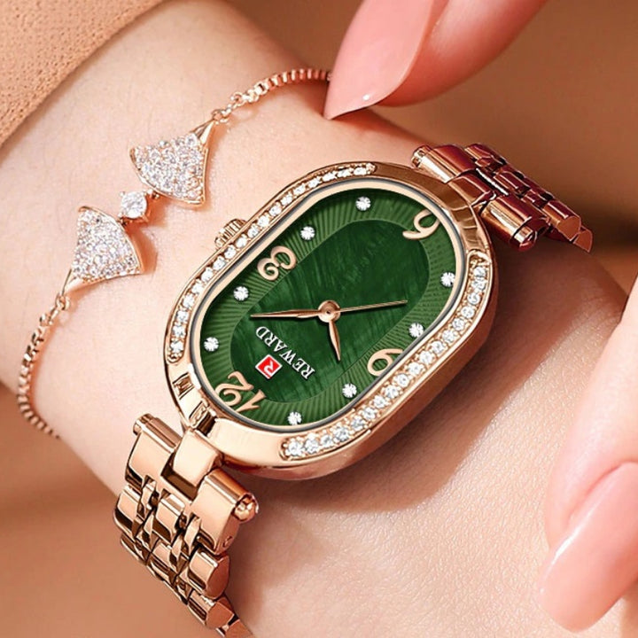 Stainless Steel Band Rhinestone Oval Case Dial Quartz Watches