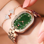 Alluring Rhinestone Bejeweled Oval Shape Case Steel Band Quartz Watches