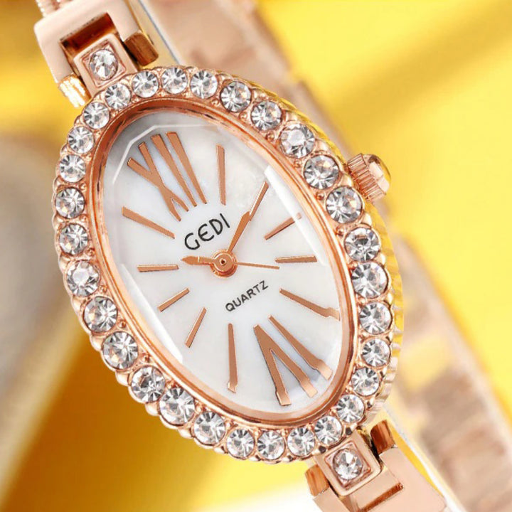 Bejeweled Rhinestone Oval Shape Case Quartz Watch Bracelets