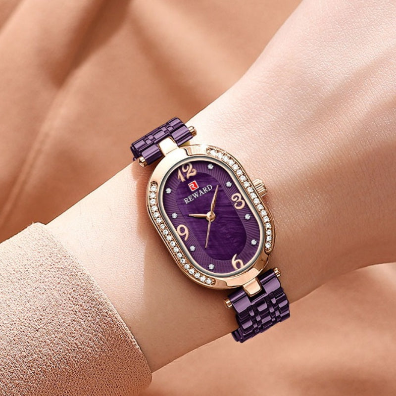 Alluring Rhinestone Bejeweled Oval Shape Case Steel Band Quartz Watches