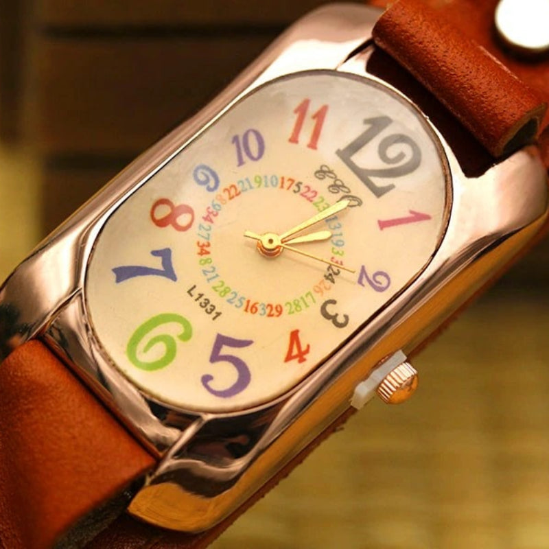 Colorful Easy To Read Dial with Vegan Leather Strap Quartz Watches