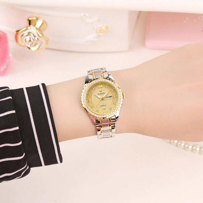 Classic Luxury Style Rhinestone Encrusted Stainless Steel Quartz Watches