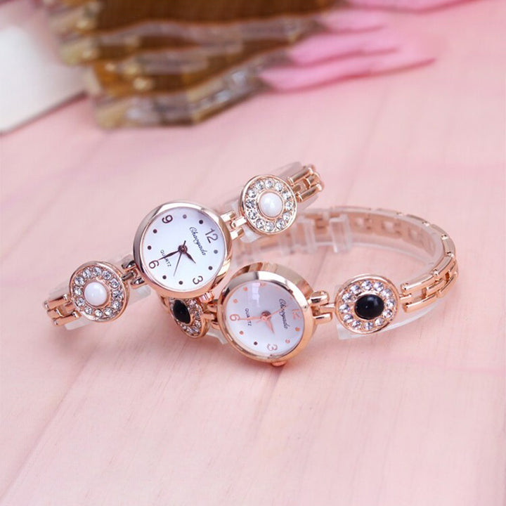 Women's Lustrous Rhinestone and Pearl Bejeweled Bracelet Quartz Watches