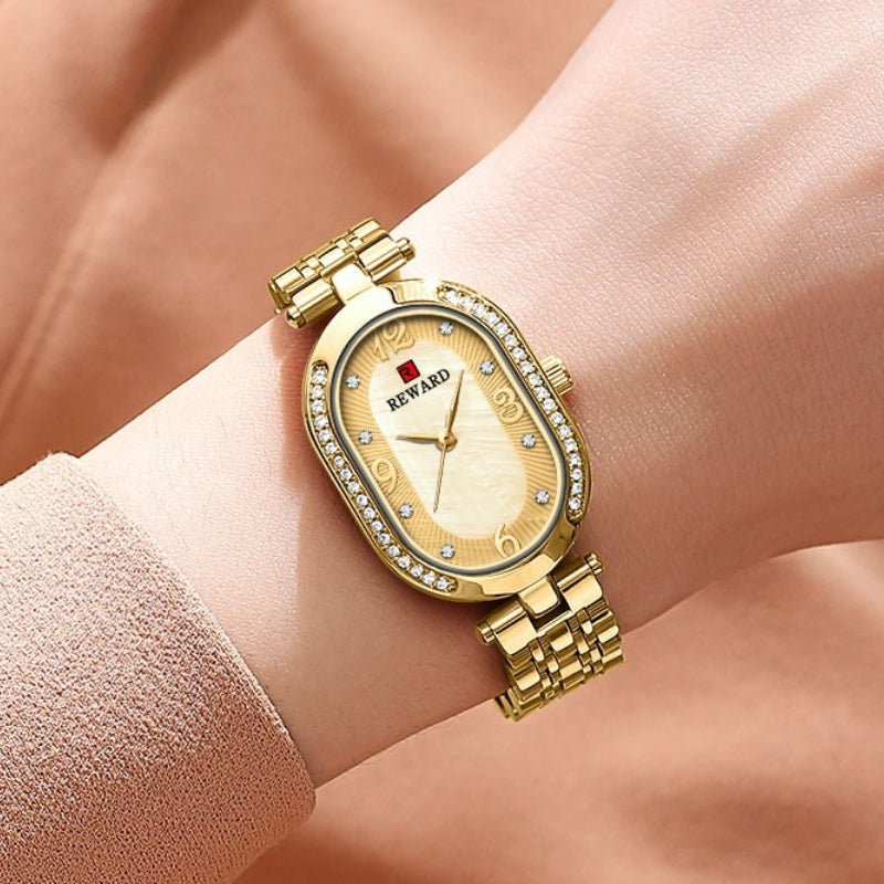 Alluring Rhinestone Bejeweled Oval Shape Case Steel Band Quartz Watches