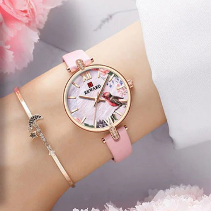 Casual Vintage Floral and Bird Fashion with Vegan Leather Strap Quartz Watches