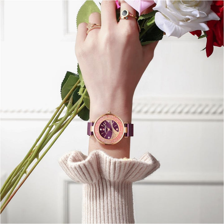 Glitzy Rotating Rhinestones with Glowing Dial Mesh Strap Quartz Watches