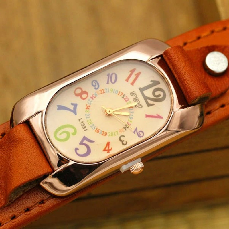 Colorful Easy To Read Dial with Vegan Leather Strap Quartz Watches